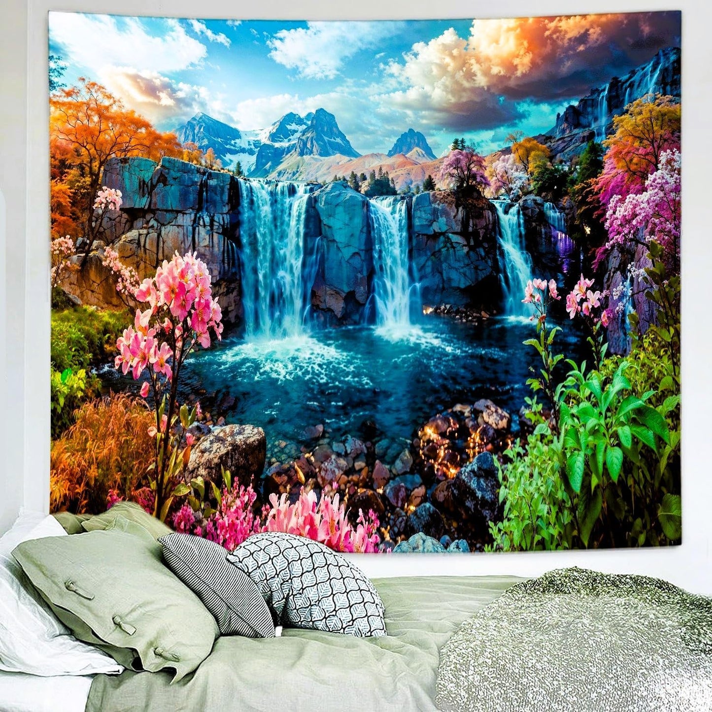 Delur Waterfall Tapestry Tropical Forest Mountain Sunset Tree Wall Hanging Tapestry Scenic