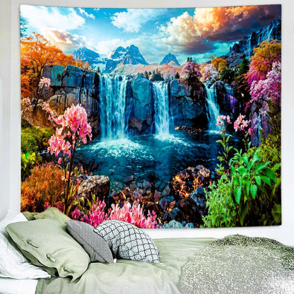 Delur Waterfall Tapestry Tropical Forest Mountain Sunset Tree Wall Hanging Tapestry Scenic