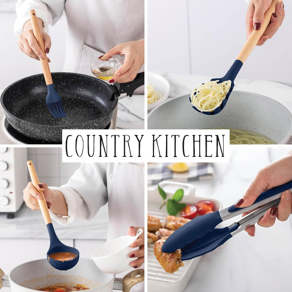Country Kitchen Non Stick Silicone Utensil Set with Rounded Wood Handles for Cooking and Baking, 14