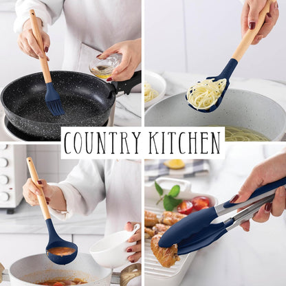 Country Kitchen Non Stick Silicone Utensil Set with Rounded Wood Handles for Cooking and Baking, 14