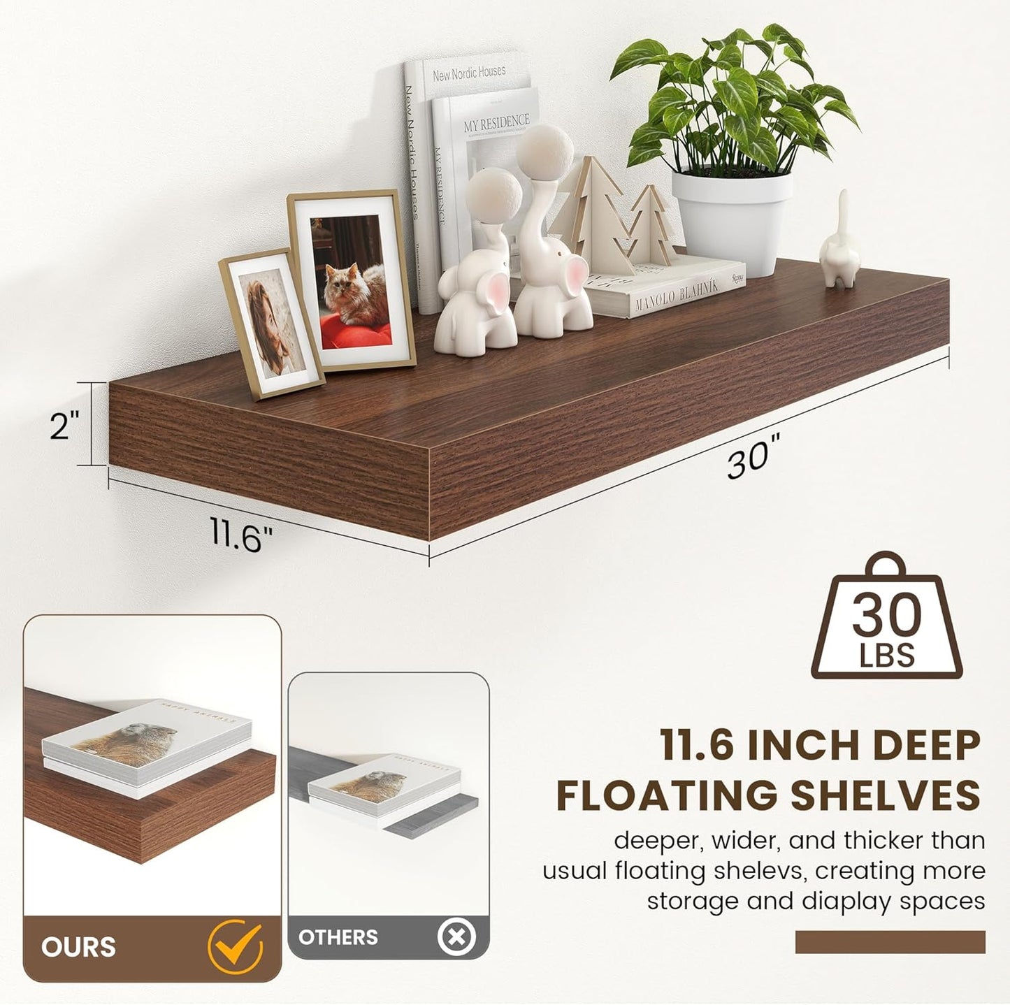 Deep Floating Shelves for Wall | 30 Inch Wide x 12 Inch Deep Floating Shelves | 30W x 12D Rustic