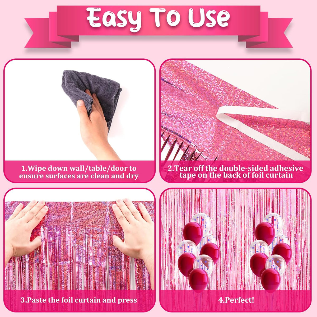 3 Pack 3.3x8.2 Feet Laser Pink Foil Fringe Backdrop Curtains, Tinsel Streamers Birthday Party