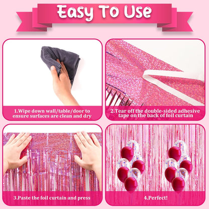 3 Pack 3.3x8.2 Feet Laser Pink Foil Fringe Backdrop Curtains, Tinsel Streamers Birthday Party