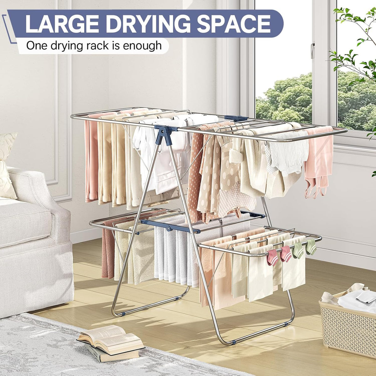 APEXCHASER Clothes Drying Rack with 4 Wings, Drying Rack Clothing with Height-Adjustable, Foldable