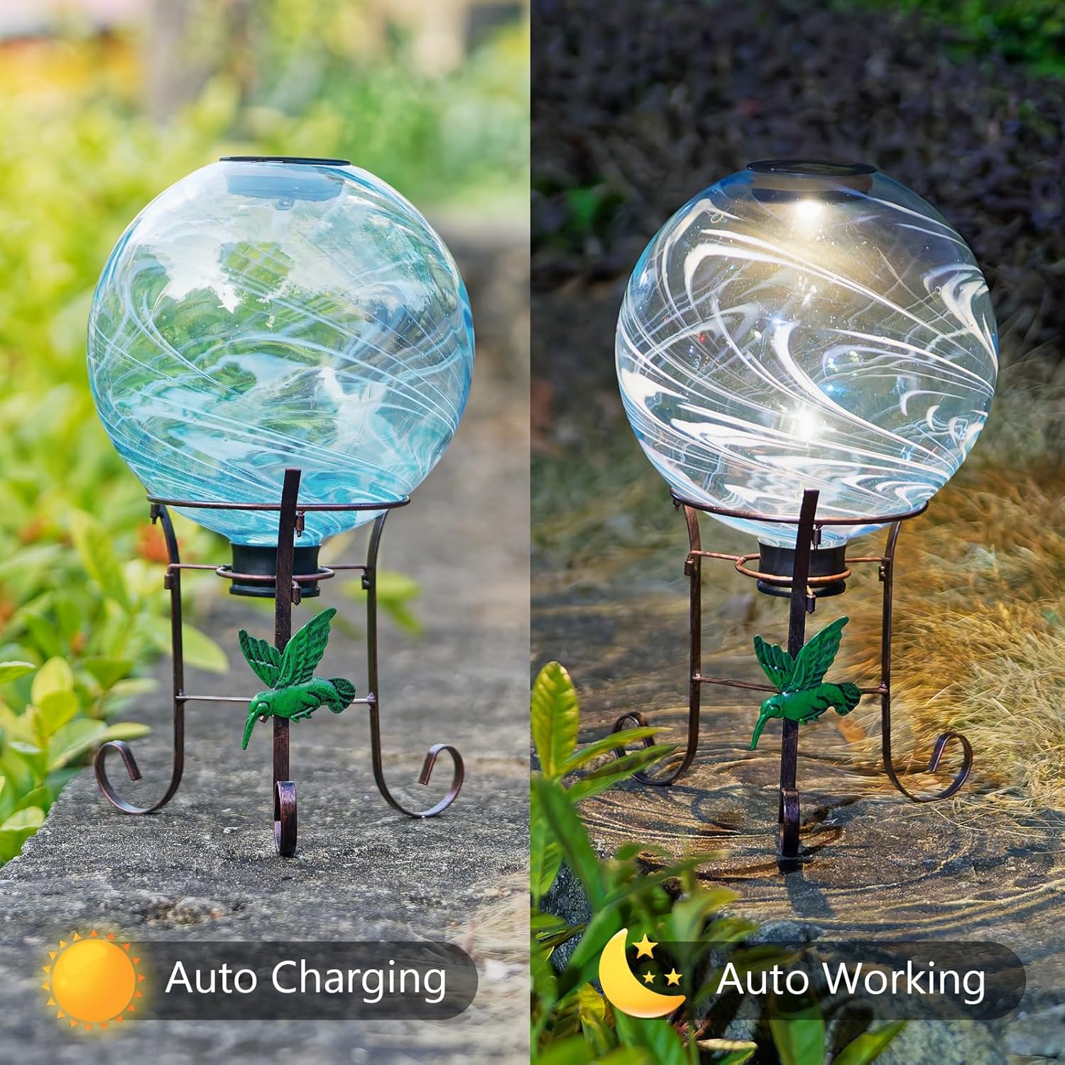 10 Inch Solar Glass Gazing Ball, with 9.4" Tall Metal Gazing Globe Stand, Solar Ball Lights Display