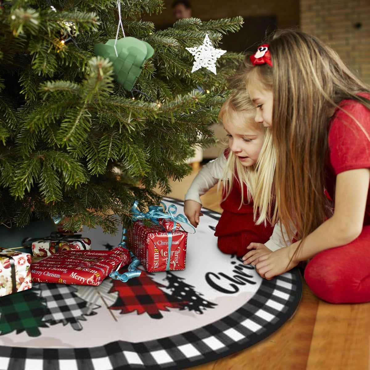 Christmas Tree Skirt 48 Inch Buffalo Plaid Xmas Tree Skirts Rustic Vintage Farmhouse Black and