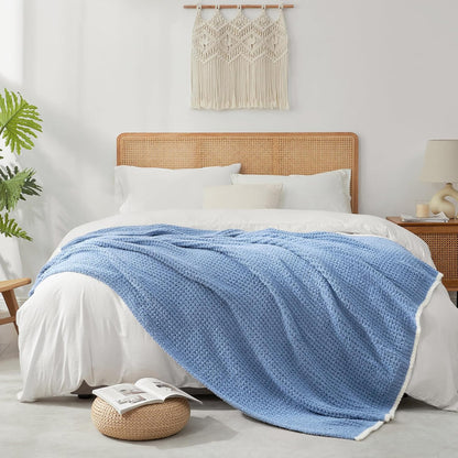 Snuggle Sac Blue Waffle Throw Blanket for Couch Bed Sofa 60x80 inches, Reversible Blue Blanket
