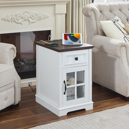 Farmhouse XXL End Table with Charging Station, Side Table with USB Ports and Outlets, Nightstand