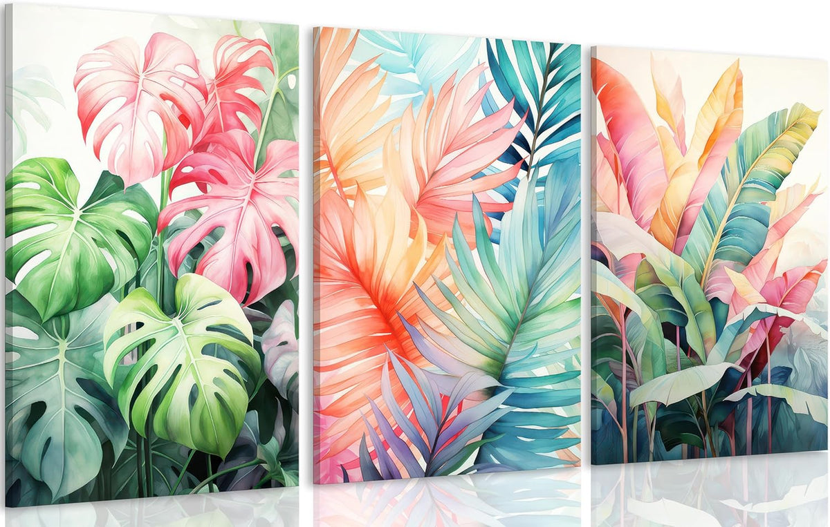 3pcs Framed Tropical Botanical Canvas Wall Art Monstera Leaves Posters Botanical Prints Bohemian