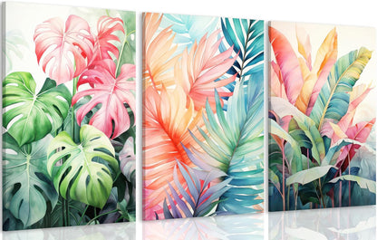 3pcs Framed Tropical Botanical Canvas Wall Art Monstera Leaves Posters Botanical Prints Bohemian