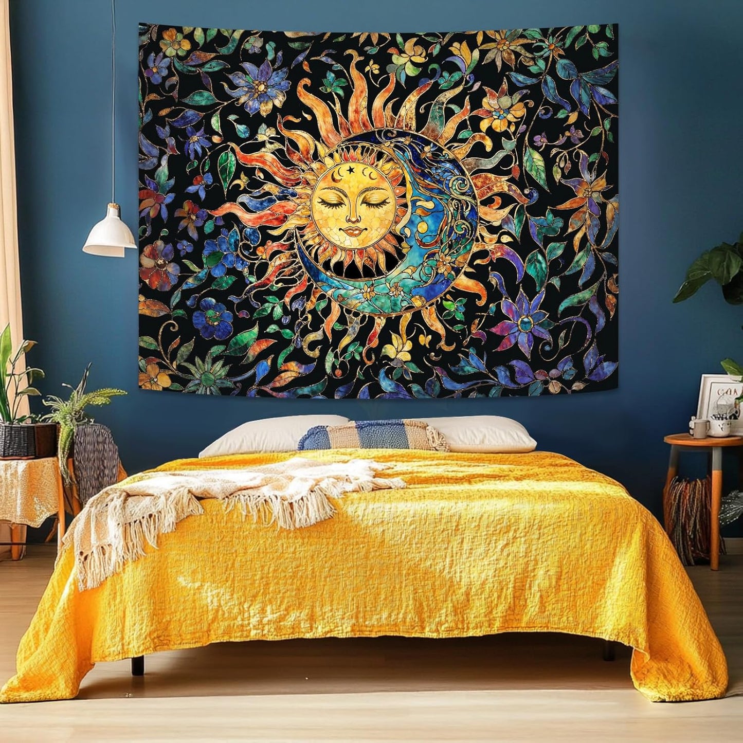 Aipon Sun and Moon Tapestry for Bedroom Boho Hippie Floral Wall Tapestry Aesthetic Vintage Stained