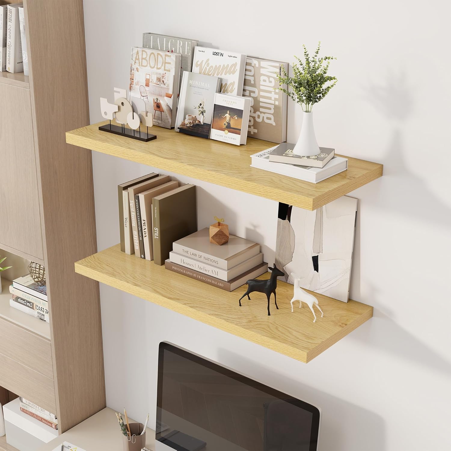 36" Floating Shelves for Wall, 12" Deep Slim Oak Floating Shelves, Wall-Mounted Shelves for