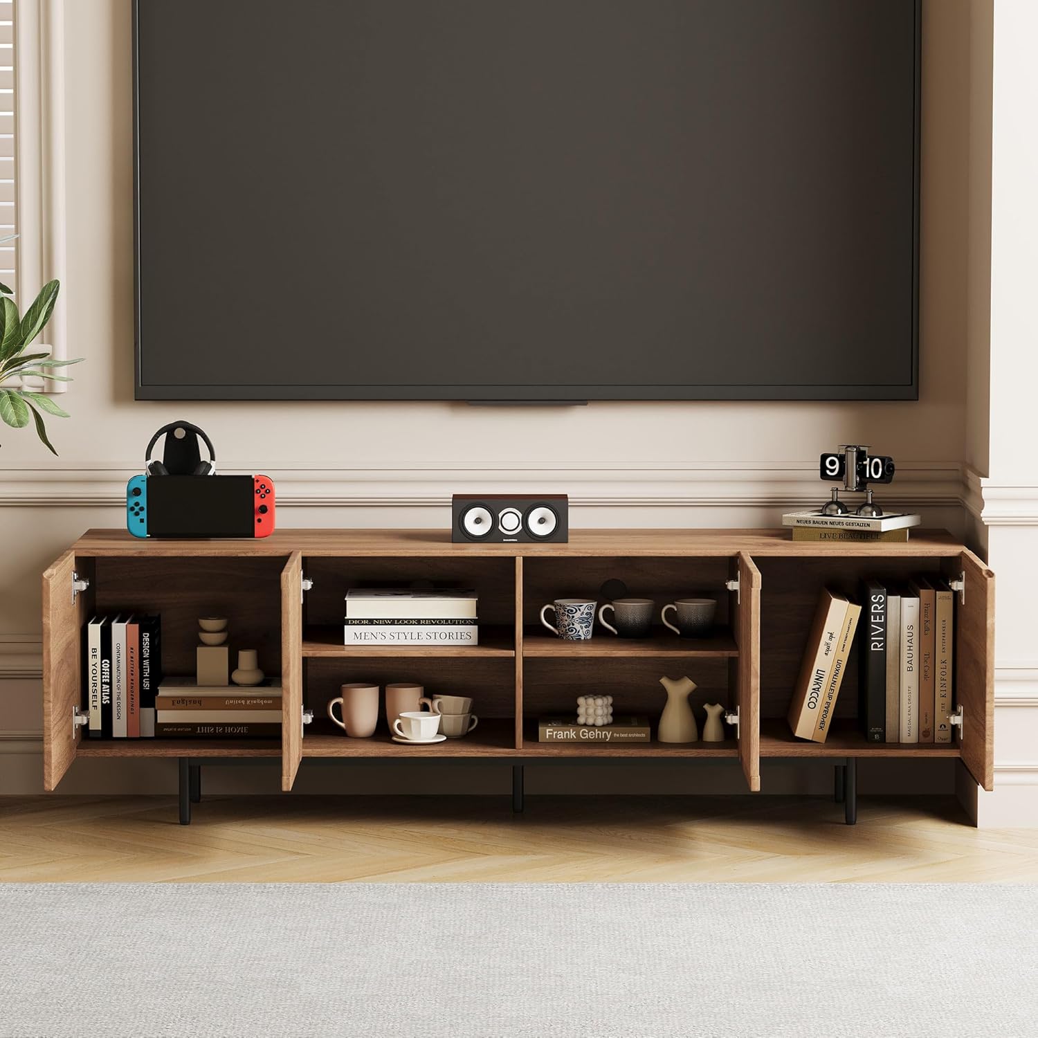 Mid Century Modern TV Stand for 70 Inch TVs, 70.87" Walnut Console with Ample Storage – Stylish