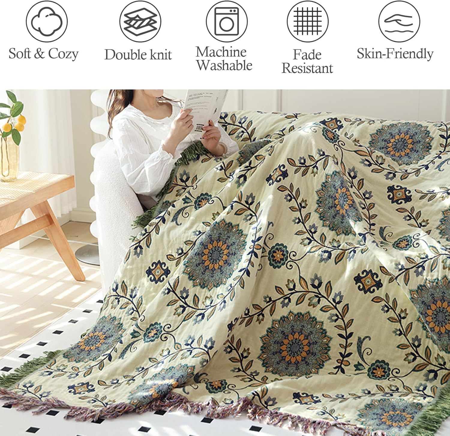 Snycler Boho Throw Blanket for Bed - 100% Cotton Ultra Soft Rustic Quilt - Blue Green Floral