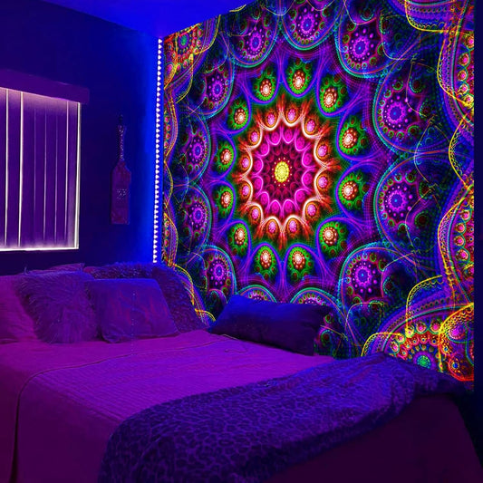Blacklight Trippy Mandala Tapestry, Boho Black Light Posters for Adults UV Reactive Room Decor for