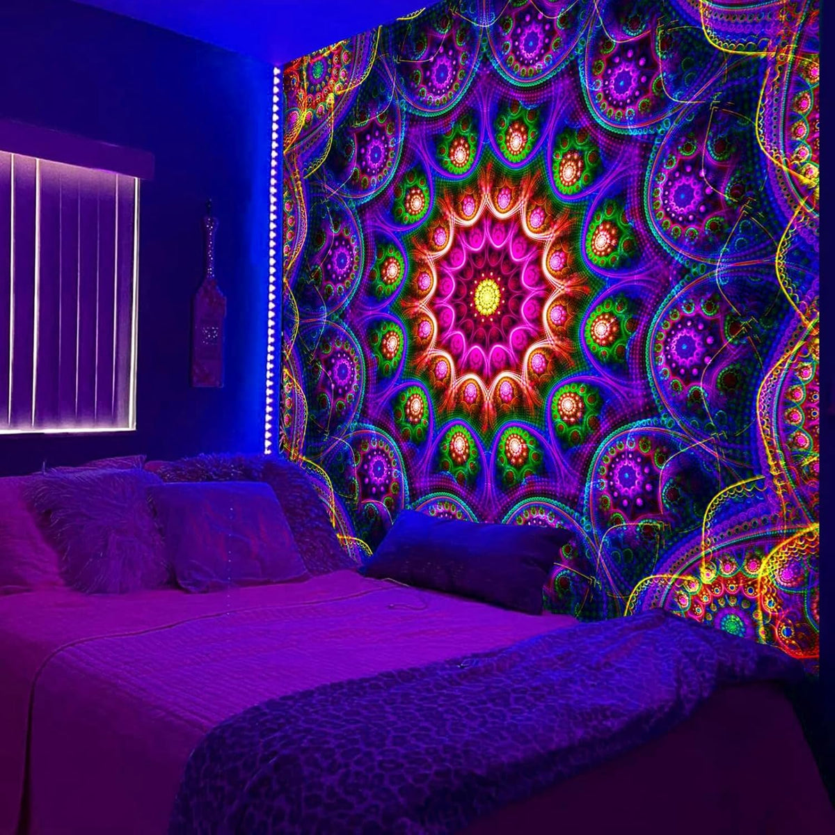 Blacklight Trippy Mandala Tapestry, Boho Black Light Posters for Adults UV Reactive Room Decor for