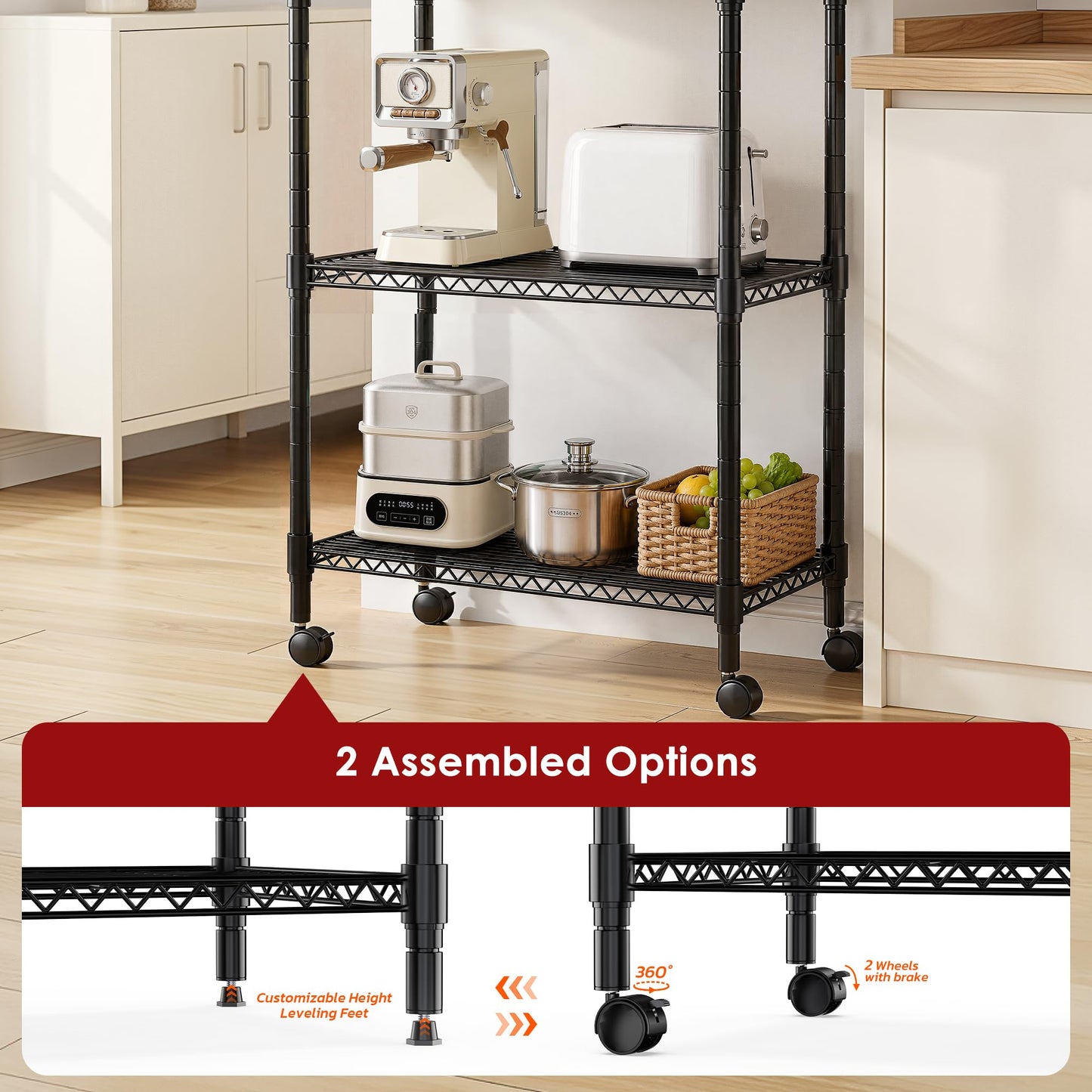 Simple Deluxe 3-Tier Heavy Duty Adjustable Storage Shelf with Wheels, 23.23”W x 13.39”D x 30.31”H