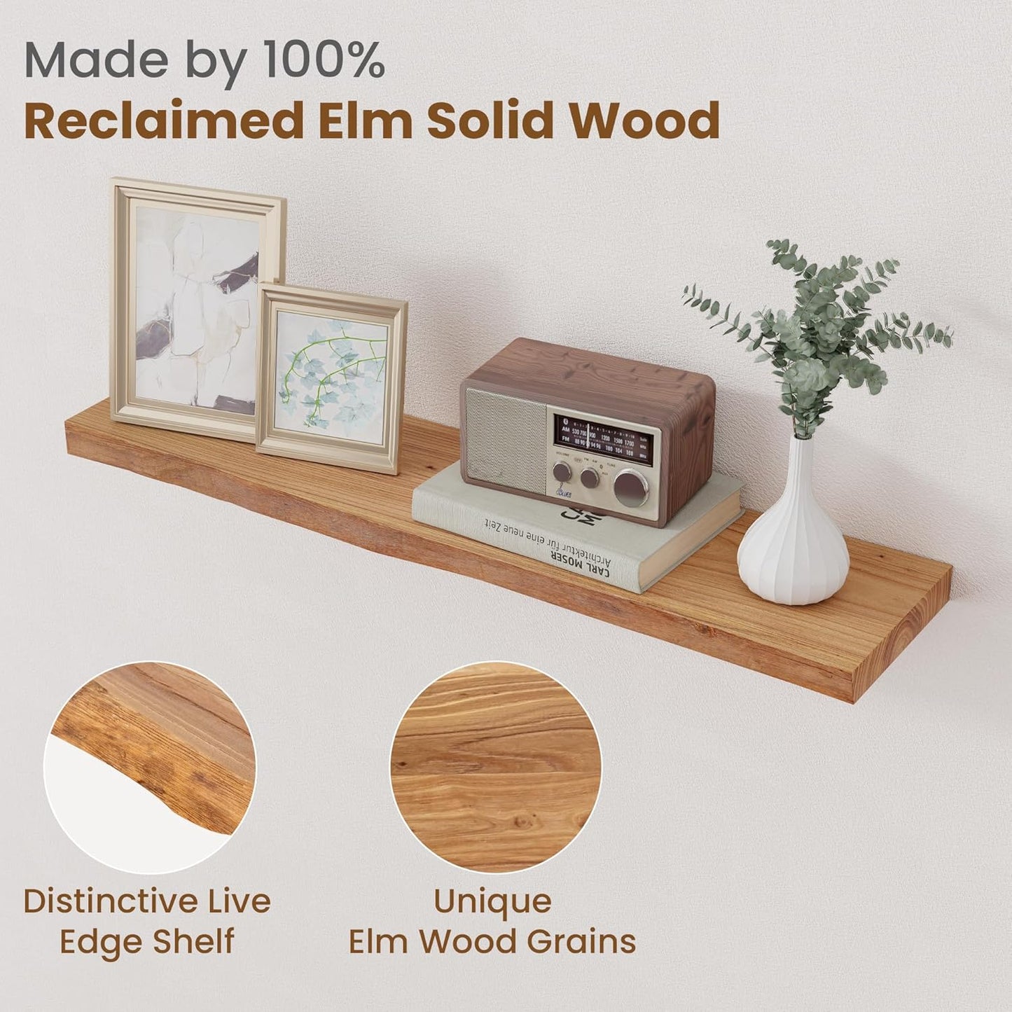 Floating Shelves for Wall Decor, Rustic Solid Elm Wood Live Edge Floating Shelves Wall Mounted
