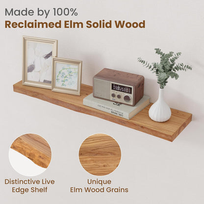 Floating Shelves for Wall Decor, Rustic Solid Elm Wood Live Edge Floating Shelves Wall Mounted