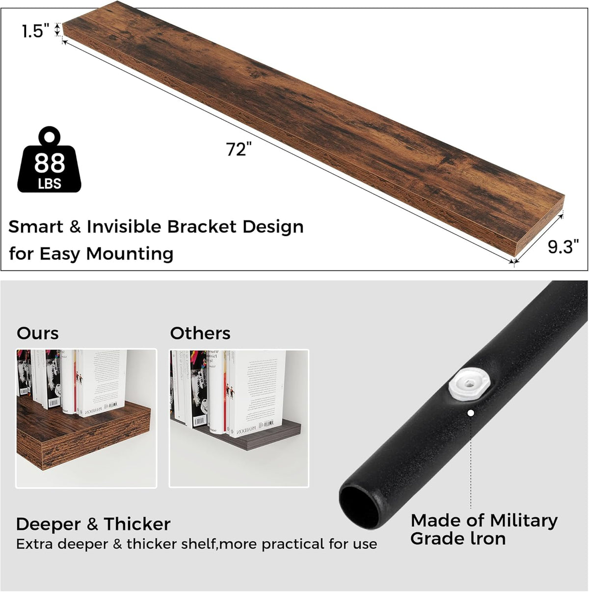 Floating Shelves for Wall, Large Wall Mounted Shelves with Invisible Brackets, Long Wood Floating