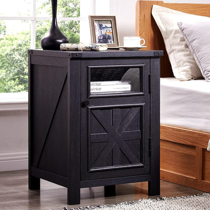 JXQTLINGMU Farmhouse End Table with Charging Station, 18'' Rustic Nightstand with Barn Door &