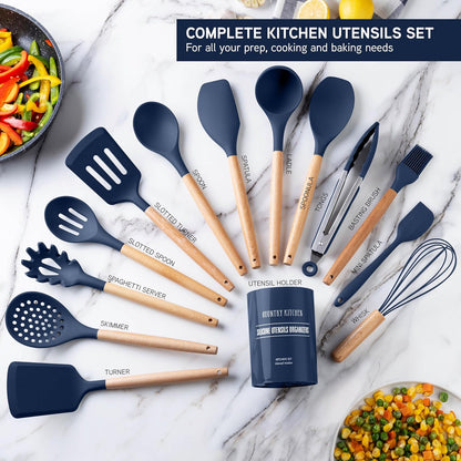 Country Kitchen Non Stick Silicone Utensil Set with Rounded Wood Handles for Cooking and Baking, 14