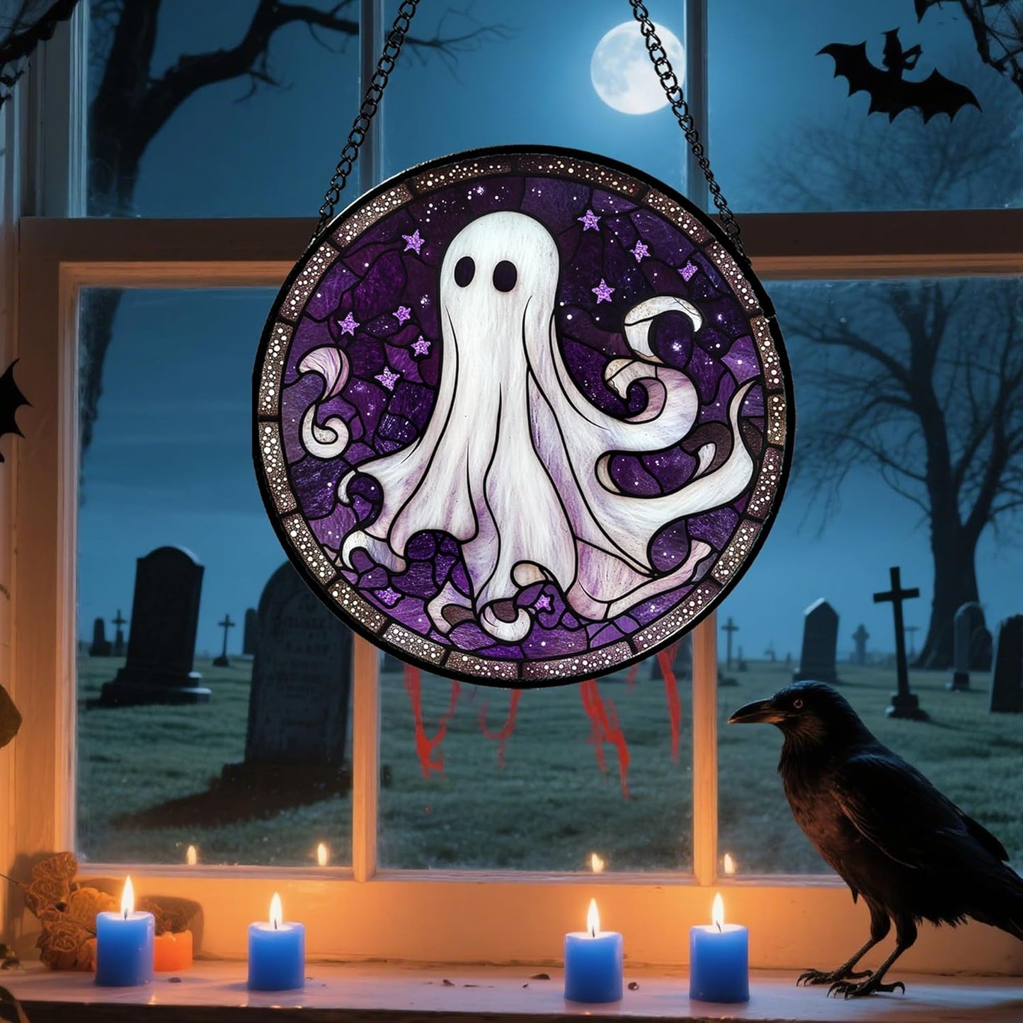 Stained Glass Window Hanging - Halloween Decorations White Ghost Purple Stars Suncatcher for Doors