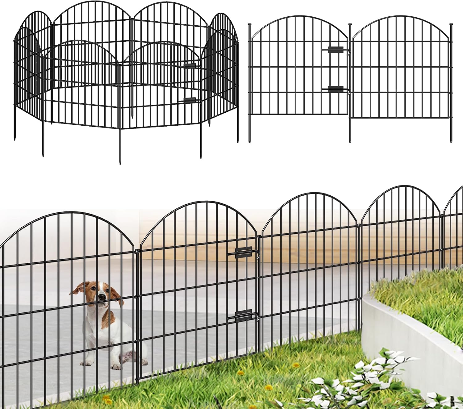 Metal Garden Fence with Gate 28in (H) x 18.7ft (L), 1 Gate + 7 Panels Dog Fence Border Fence Animal