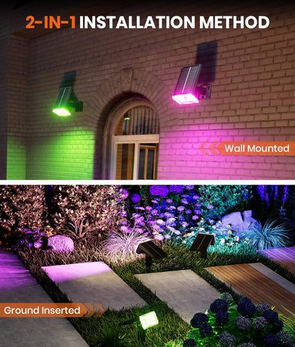 Solar Spot Lights Outdoor 2-Pack Multicolor IP65 Waterproof RGB - 6 Colors, 2 Modes, 105°
