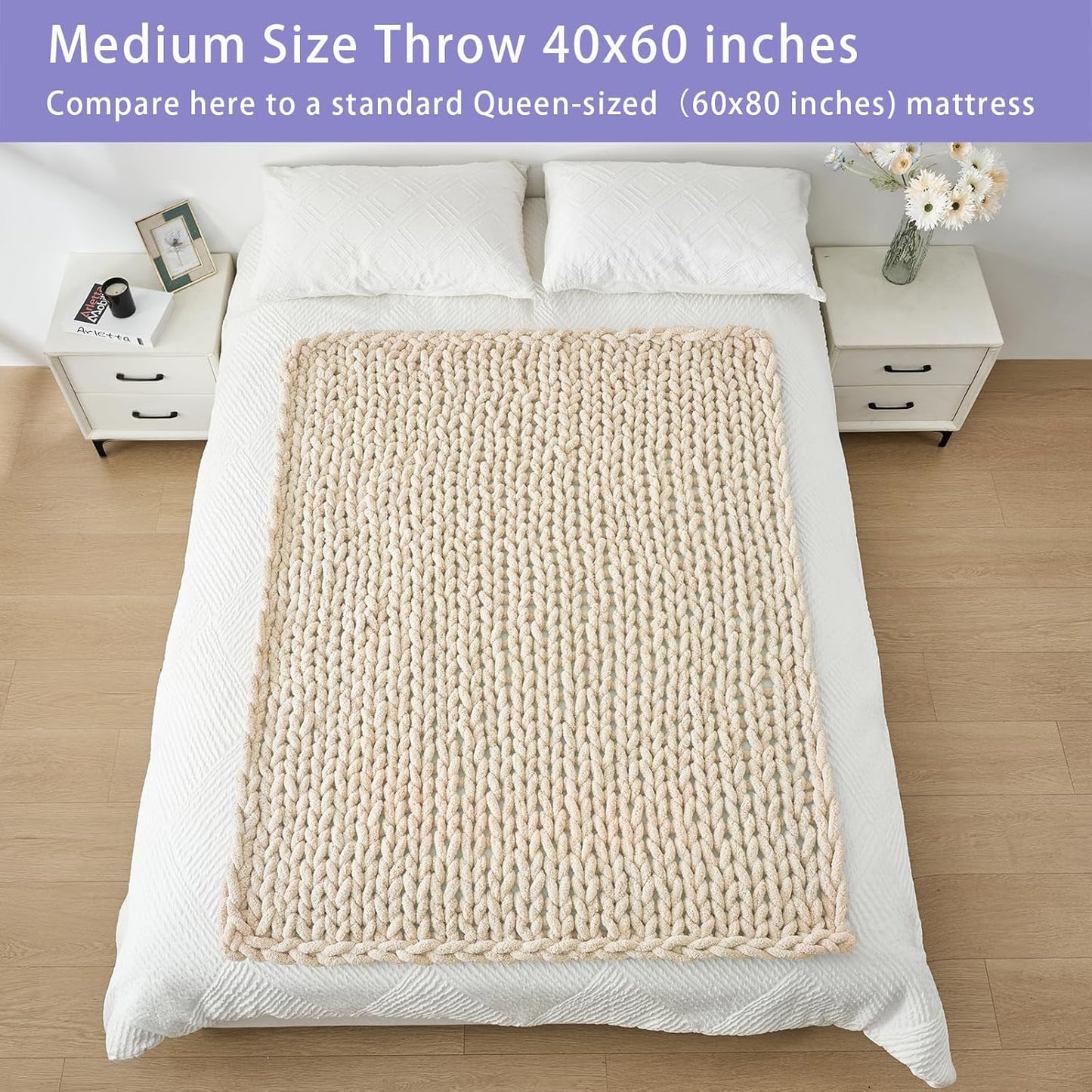 Bigacogo Chunky Knit Throw Blanket for Couch, 40x60 inches, 100% Hand Knitted with Thick Jumbo