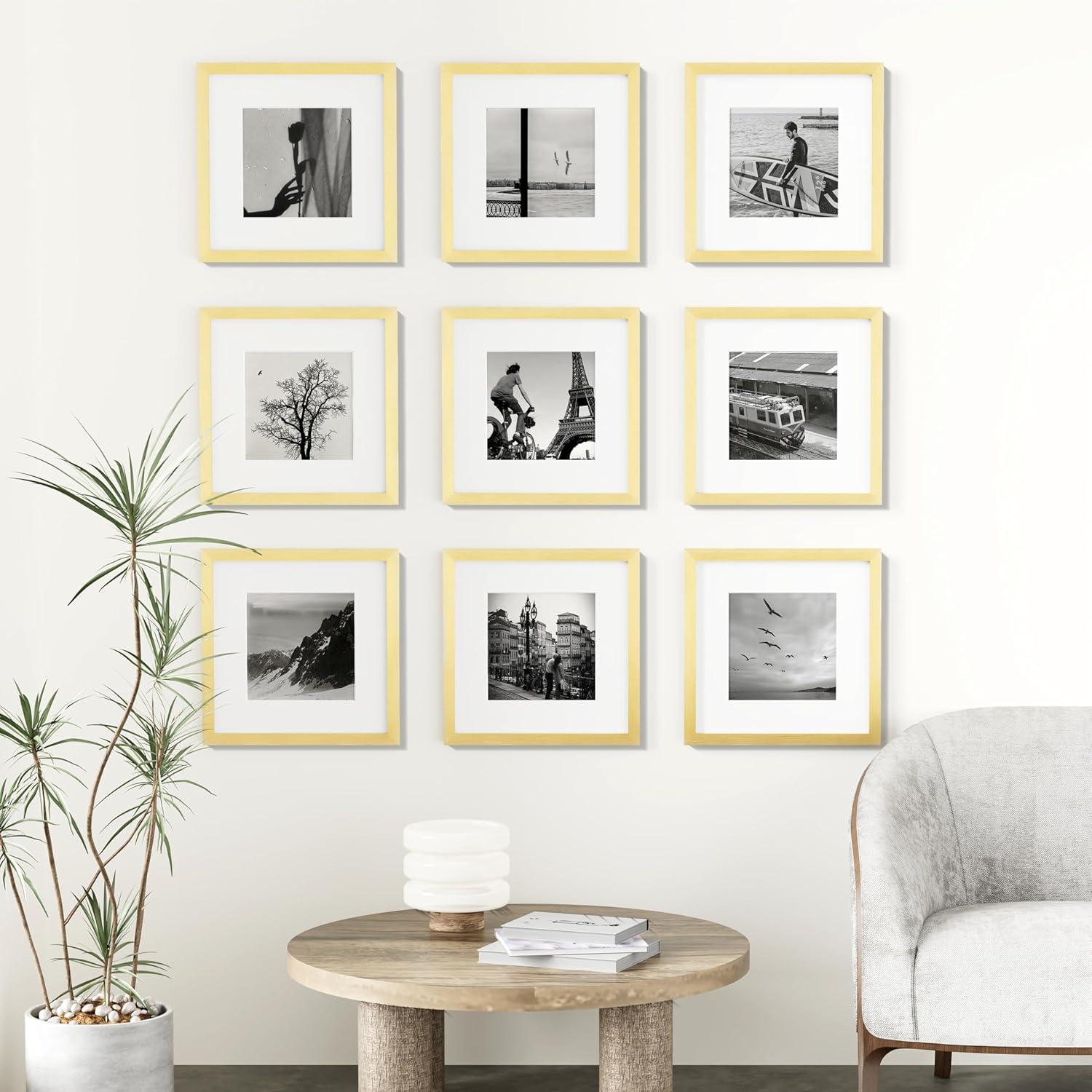 Vittanly 12x12 Picture Frames Set of 9, Shatter Resistant Plexiglass, Display 8x8 Pictures with Mat