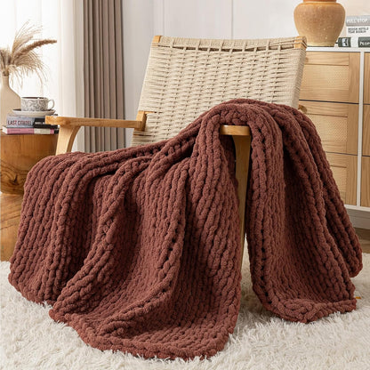 Chunky Knit Blanket Throw, 100% Hand Knit Throw Blanket Handmade Chenille Cable Knit Throw for