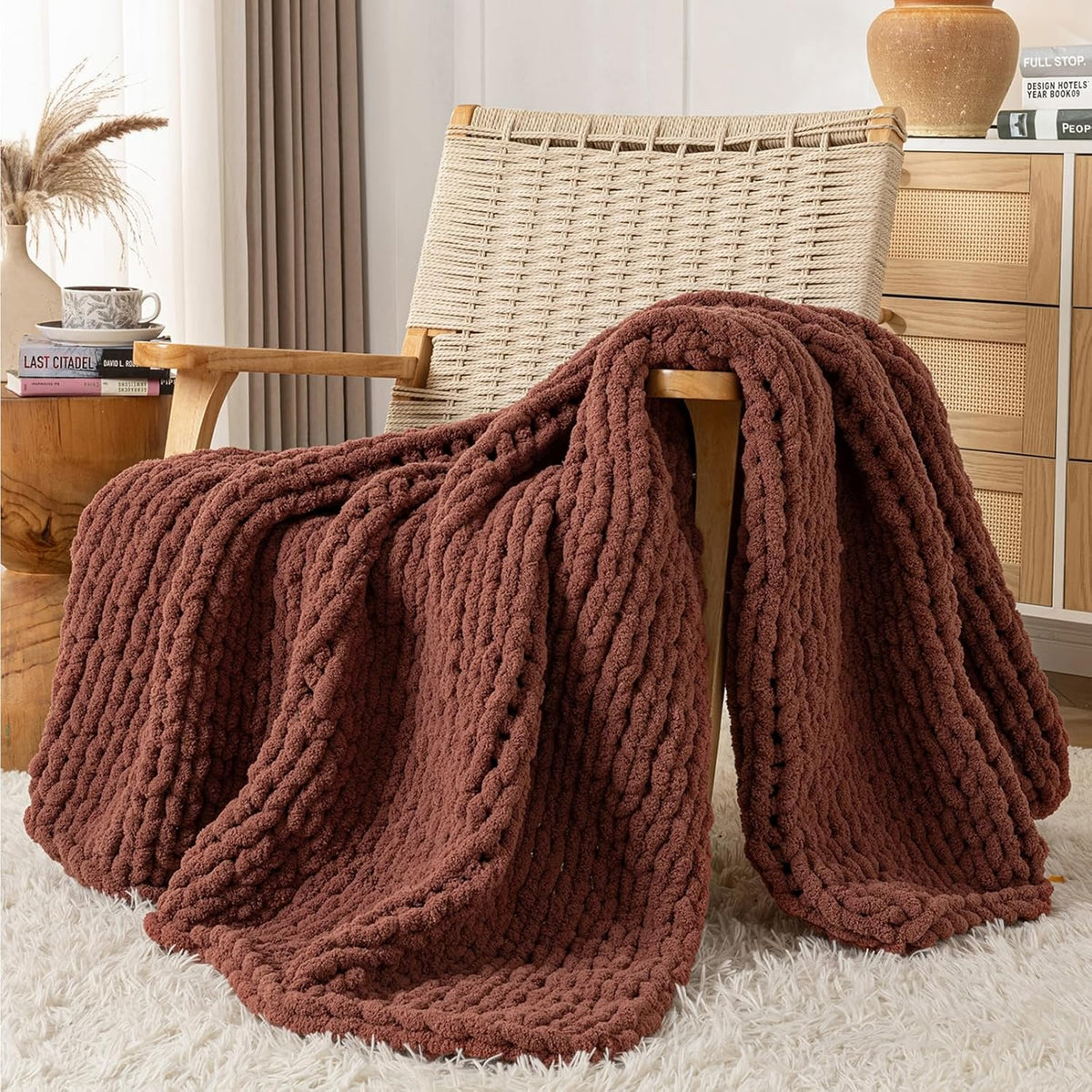 Chunky Knit Blanket Throw, 100% Hand Knit Throw Blanket Handmade Chenille Cable Knit Throw for