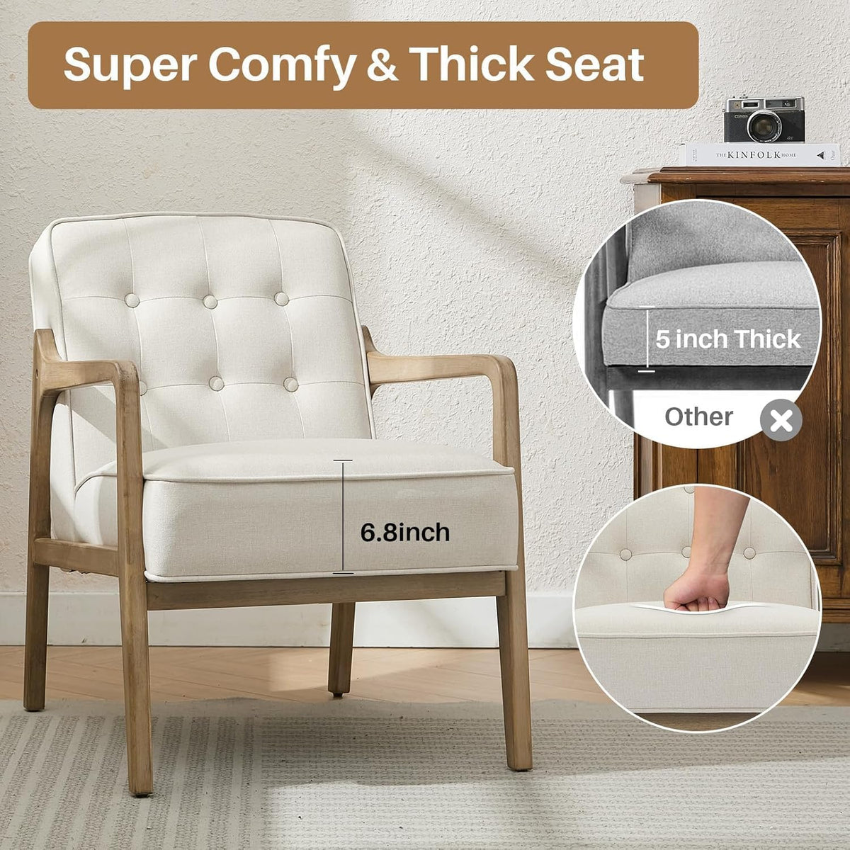 Linen Accent Chair Set of 2, Mid Century Modern Chair for Living Room, Upholstered Comfy Lounge