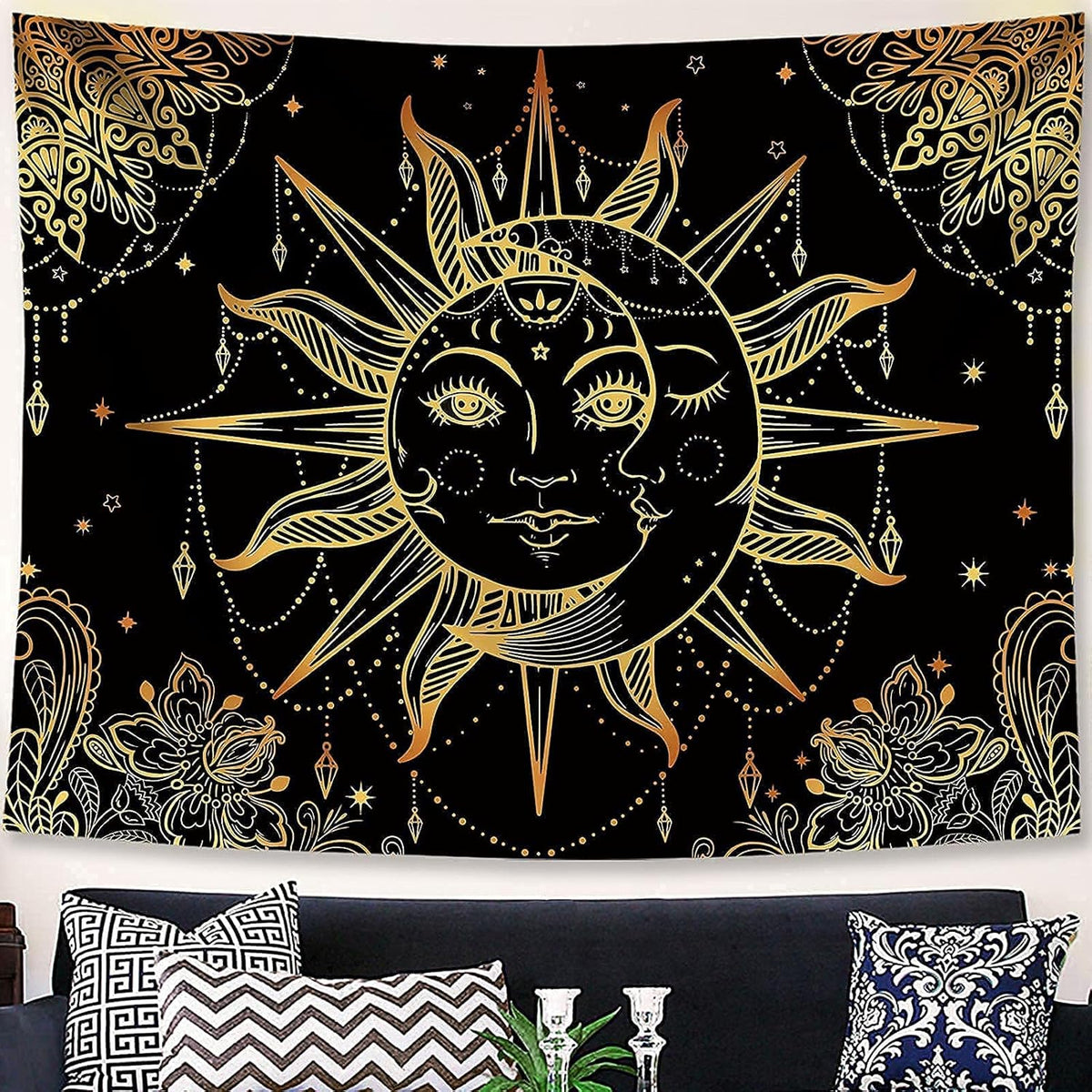 Lunerfex Hippie Sun and Moon Tapestry Bohemian Tapestry Aesthetic Cute Tapestries for Bedroom and