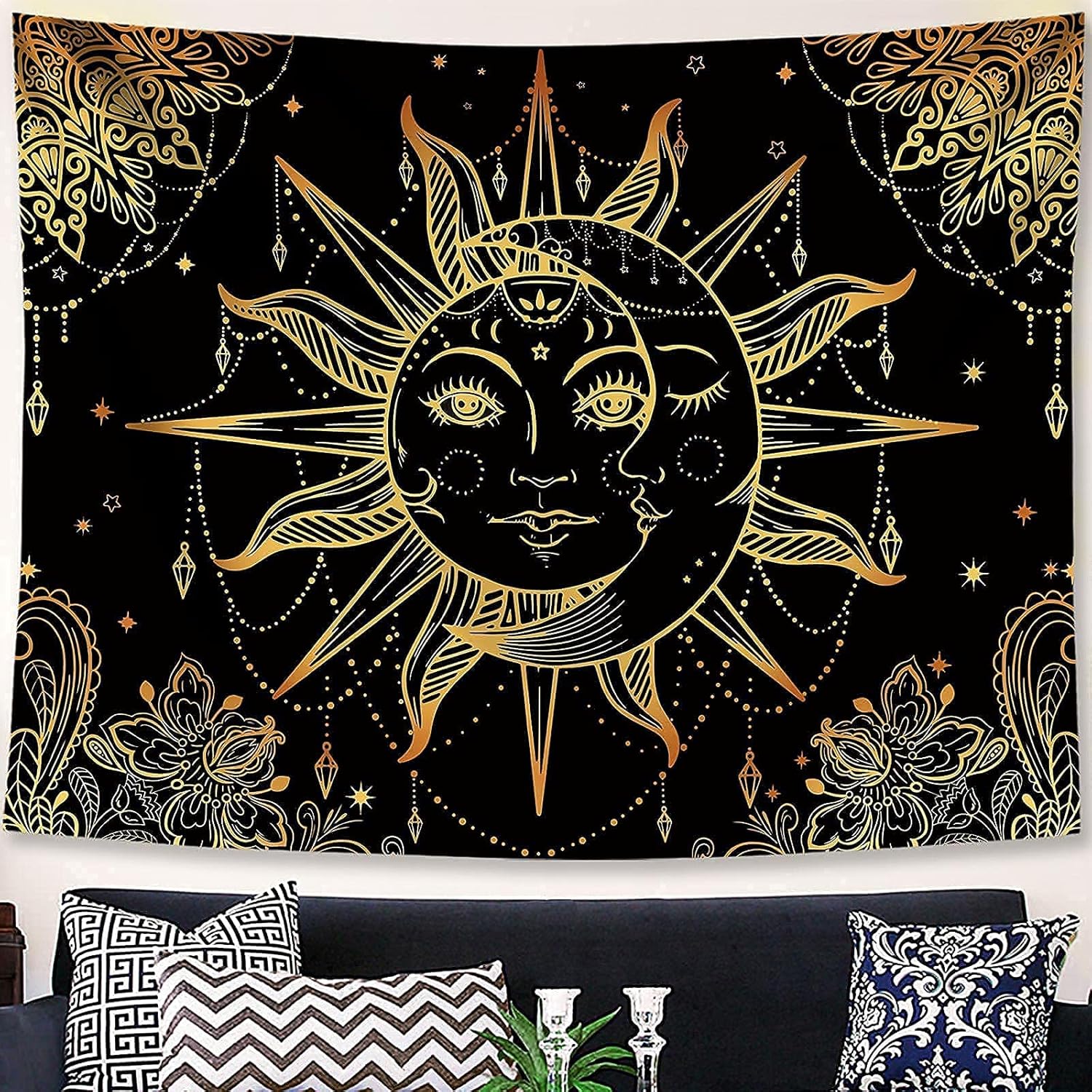 Lunerfex Hippie Sun and Moon Tapestry Bohemian Tapestry Aesthetic Cute Tapestries for Bedroom and
