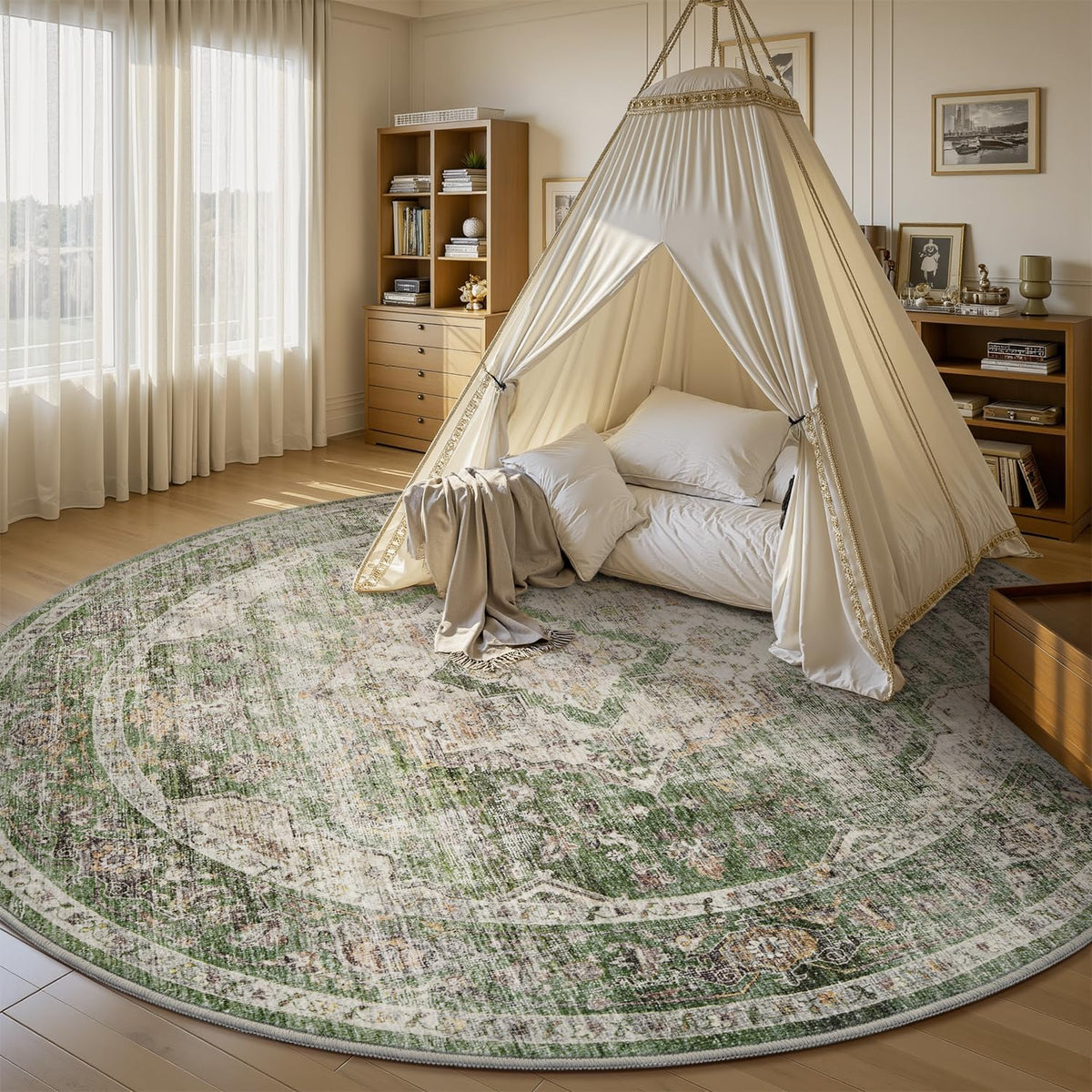 AMOAMI-6FT Round Rug-Rugs for Living Room-Vintage Soft Olive Green Rugs for Bedroom-Non Slip Circle