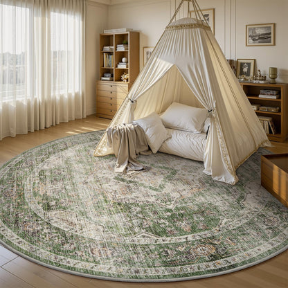 AMOAMI-6FT Round Rug-Rugs for Living Room-Vintage Soft Olive Green Rugs for Bedroom-Non Slip Circle