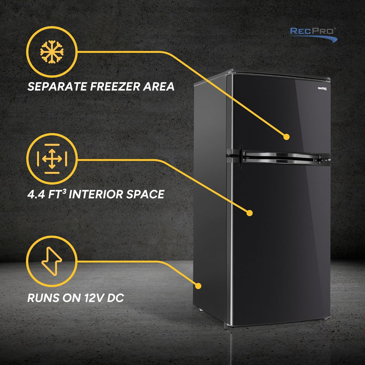 RecPro 4.4 Cu Ft 12V RV Refrigerator with Freezer | Frost-Free, Black Finish | Adjustable Shelves
