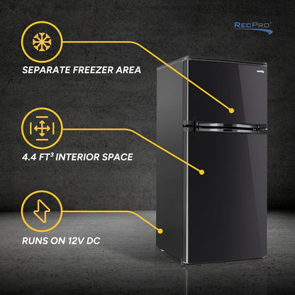 RecPro 4.4 Cu Ft 12V RV Refrigerator with Freezer | Frost-Free, Black Finish | Adjustable Shelves
