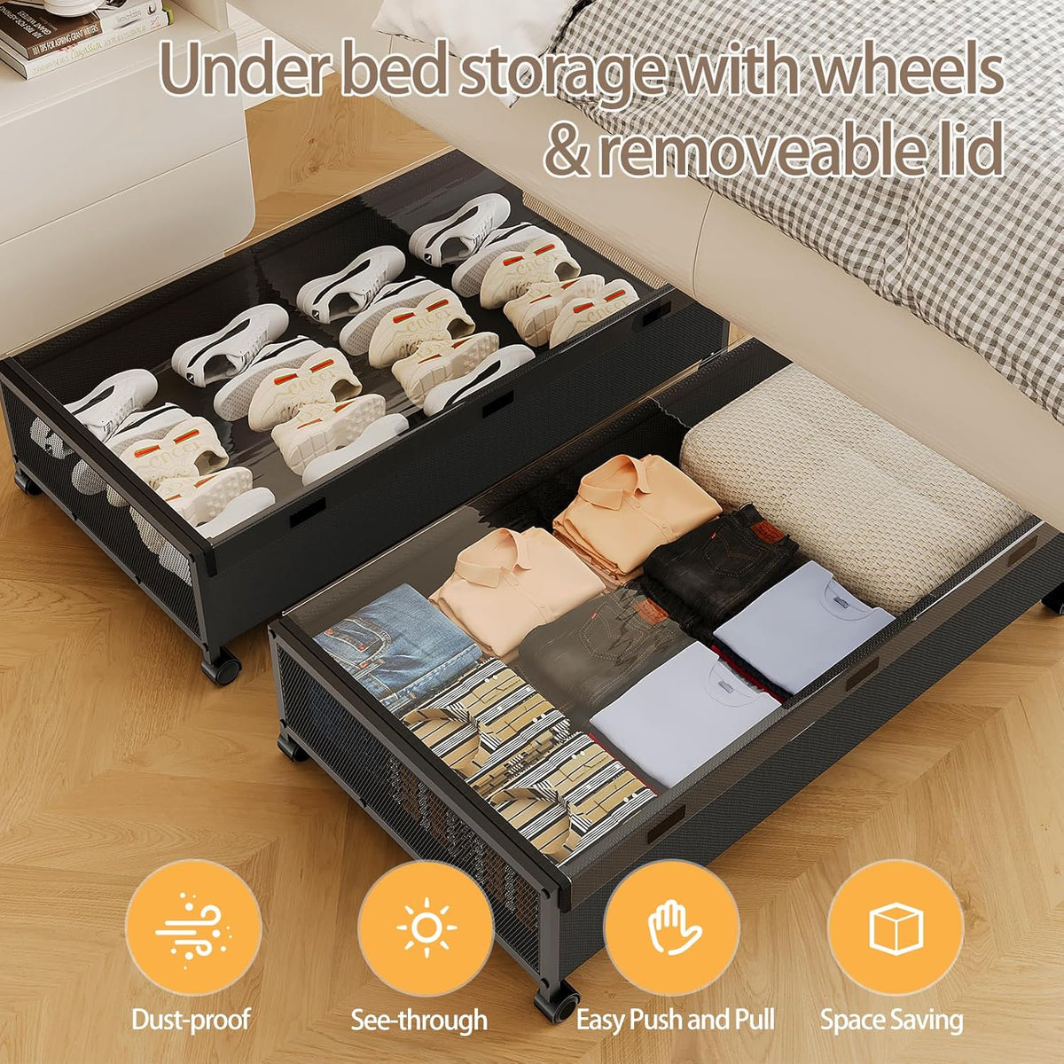 Under Bed Storage Containers with Wheels, Underbed Shoe Storage Organizer with Removable Lids