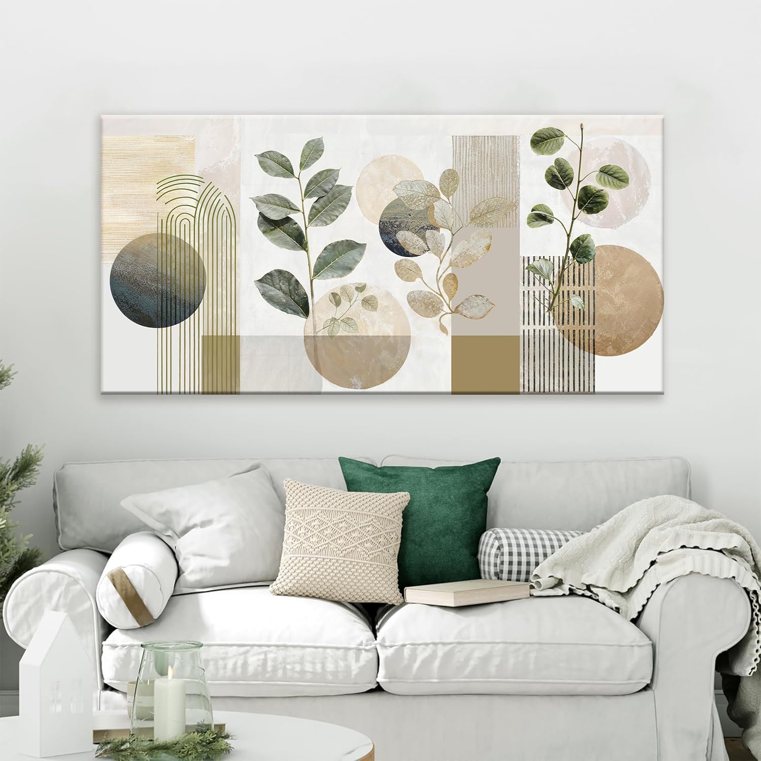 Boho Green Wall Art Mid Century Canvas Wall Art Decor Set Bohemian Abstract Wall Decor Modern