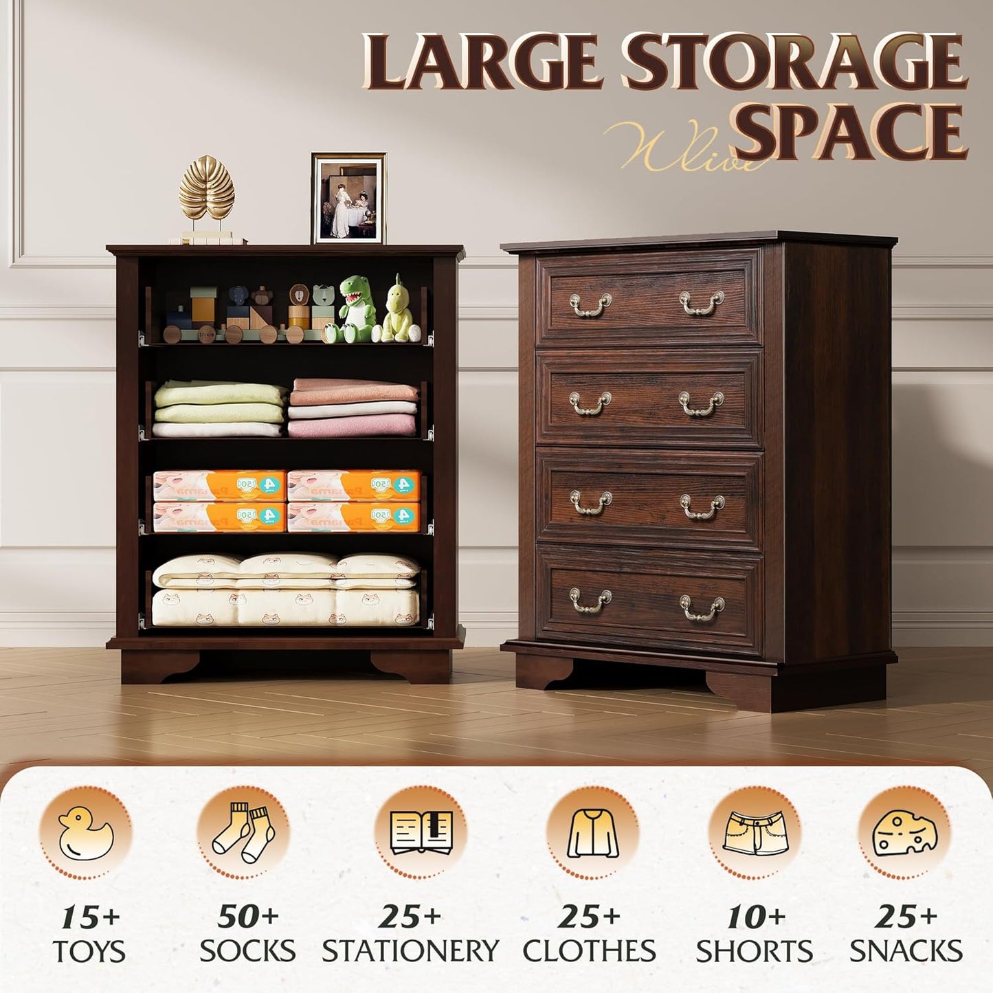 WLIVE Farmhouse Dresser for Bedroom, Tall Wood Dresser with 4 Drawers, Chest of Drawers with Roman