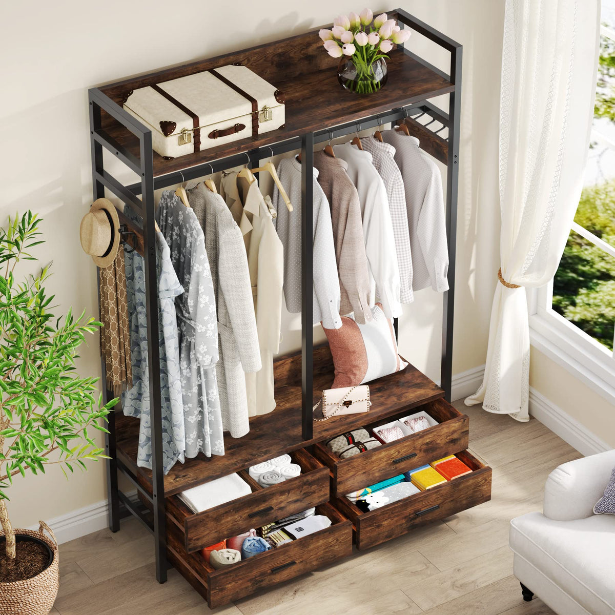 Tribesigns Freestanding Closet Organizer, Garment Rack with 4 Drawers