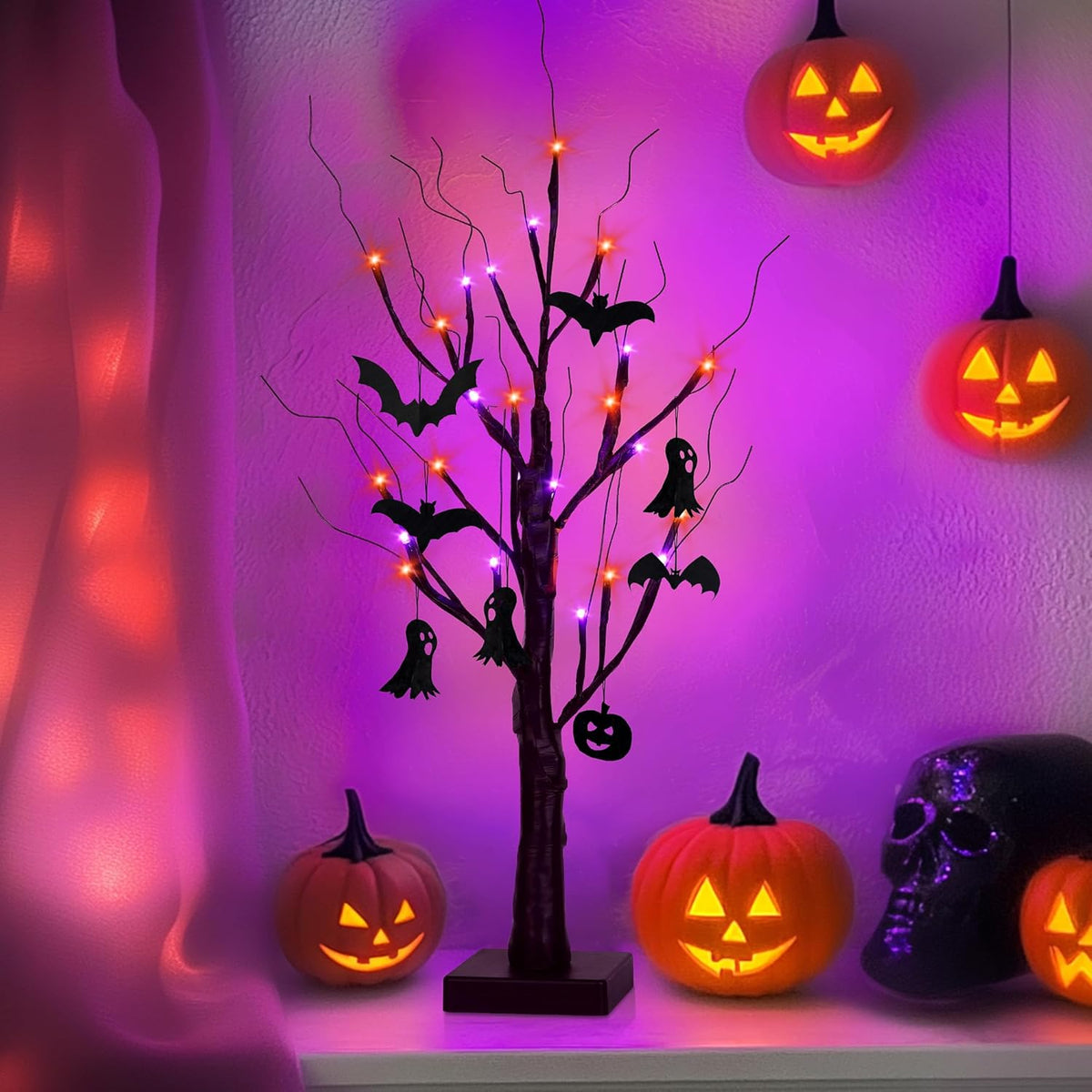 Halloween Decorations Indoor,2 Pack 2FT Birch Tree with 24 Orange and Purple LED Lights,Black