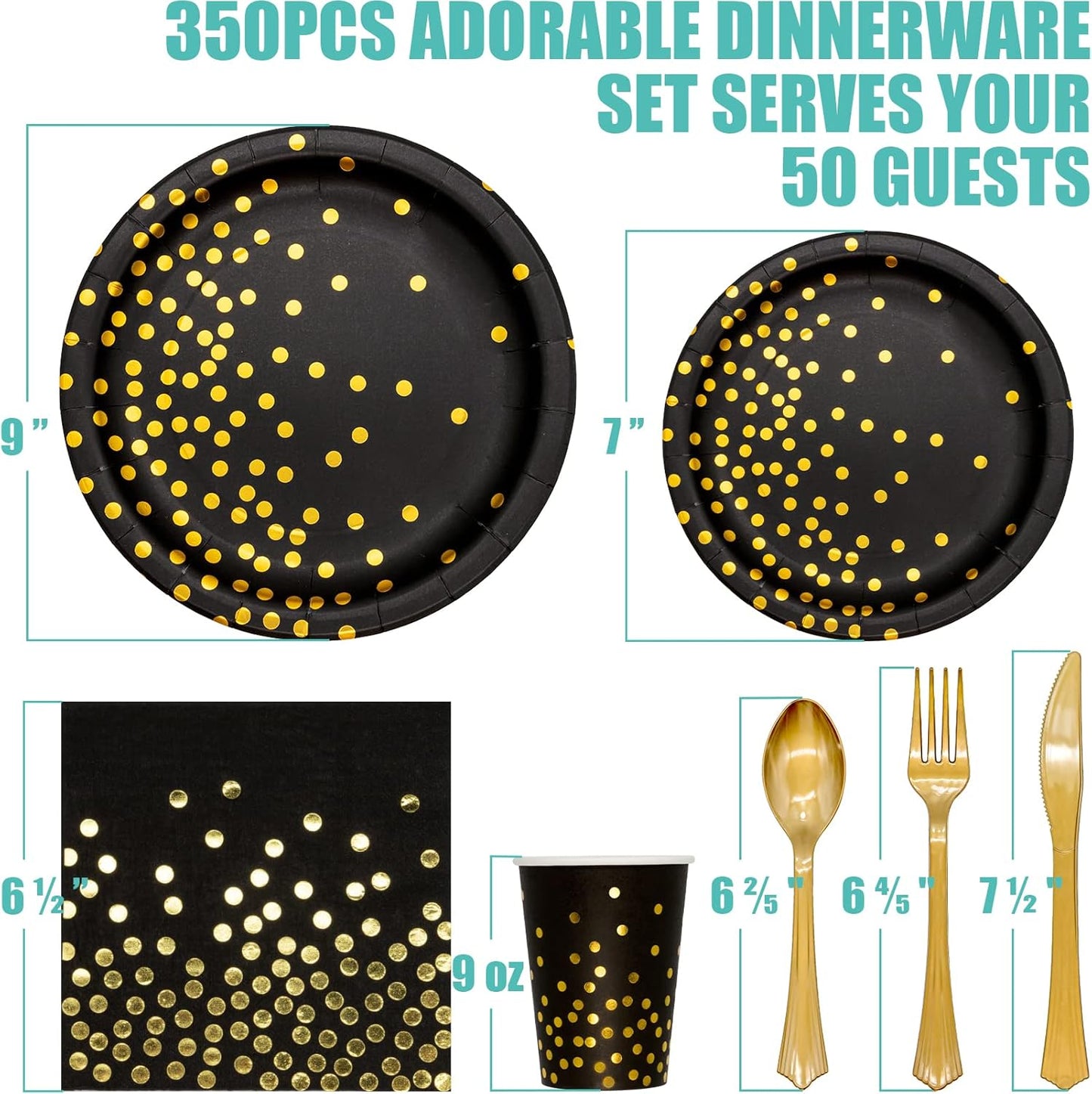 Black and Gold Party Supplies, 350PCS Disposable Dinnerware Set Inclueds Black Gold Dot Paper