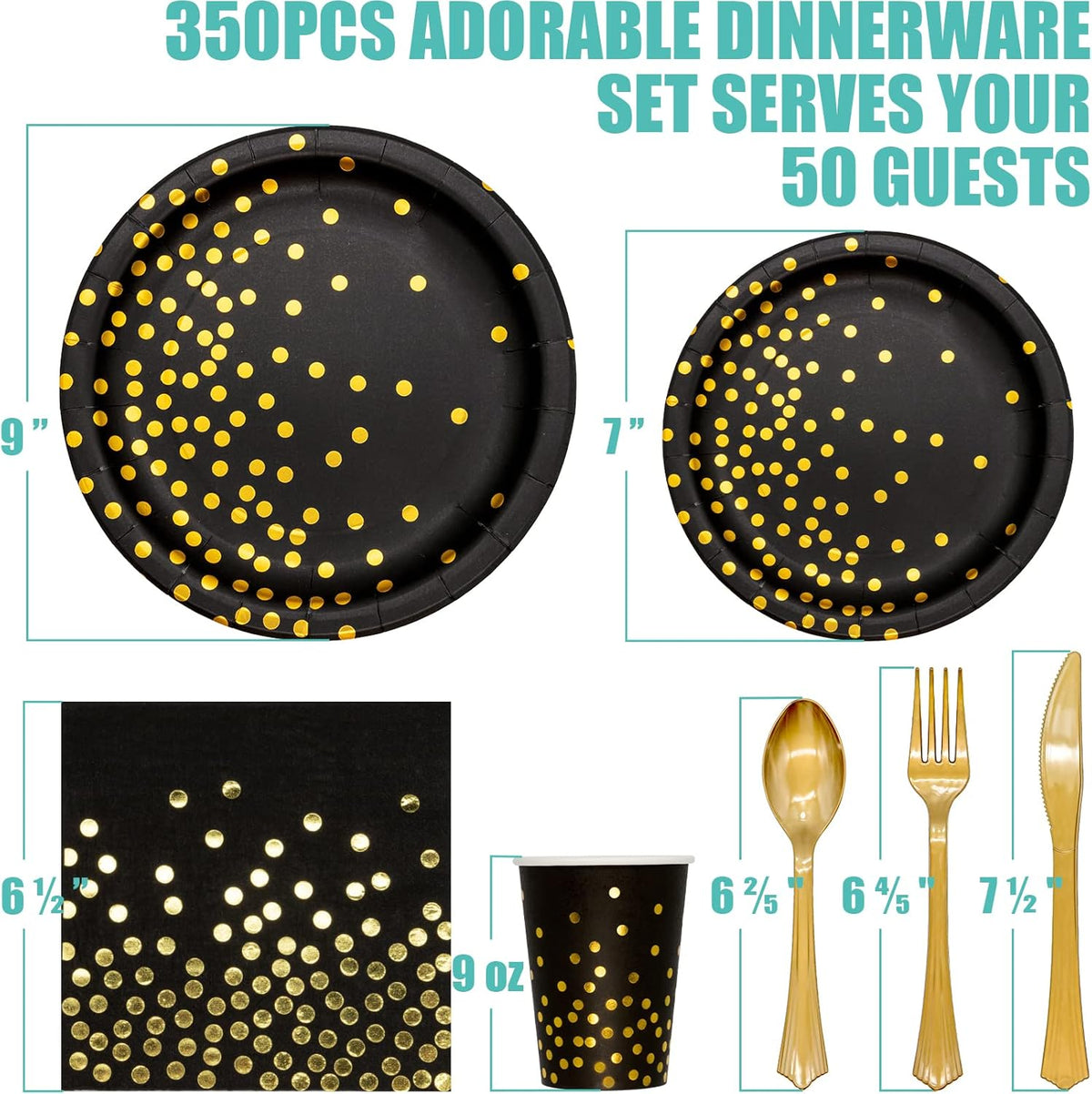 Black and Gold Party Supplies, 350PCS Disposable Dinnerware Set Inclueds Black Gold Dot Paper