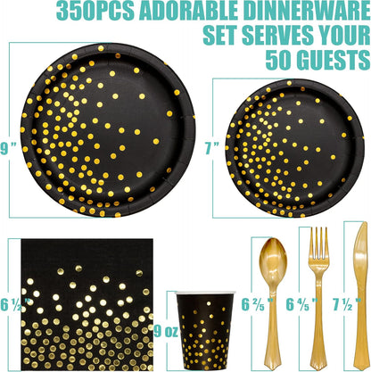 Black and Gold Party Supplies, 350PCS Disposable Dinnerware Set Inclueds Black Gold Dot Paper