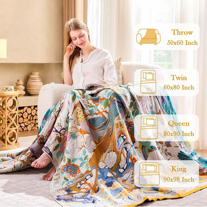 Fall Throw Blanket for Couch, Yellow Boho Decorative Throw Blanket, 100% Cotton Muslin Breathable