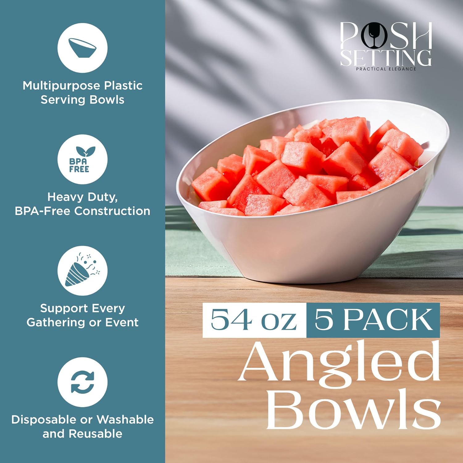 Posh Setting - White Plastic Serving Bowls for Party - Angled, Disposable, Chip & Candy Bowls - 54